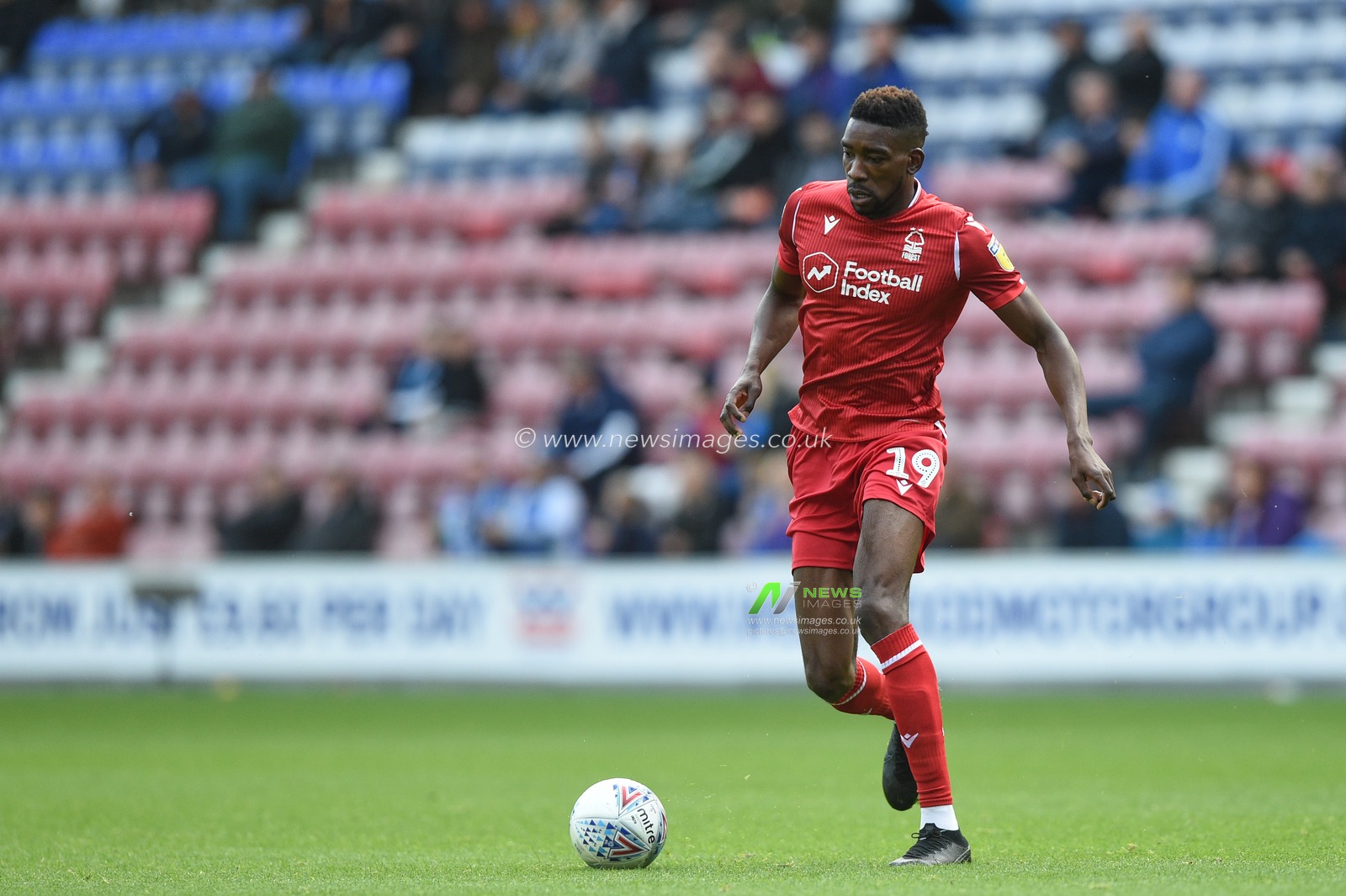 20th October 2019, DW Stadium, Wigan, England; Sky Bet Championship, Wigan Athletic v Nottingham Forest : Sammy Ameobi (19) of Nottingham Forest in action during the game

Credit: Richard Long/News Images