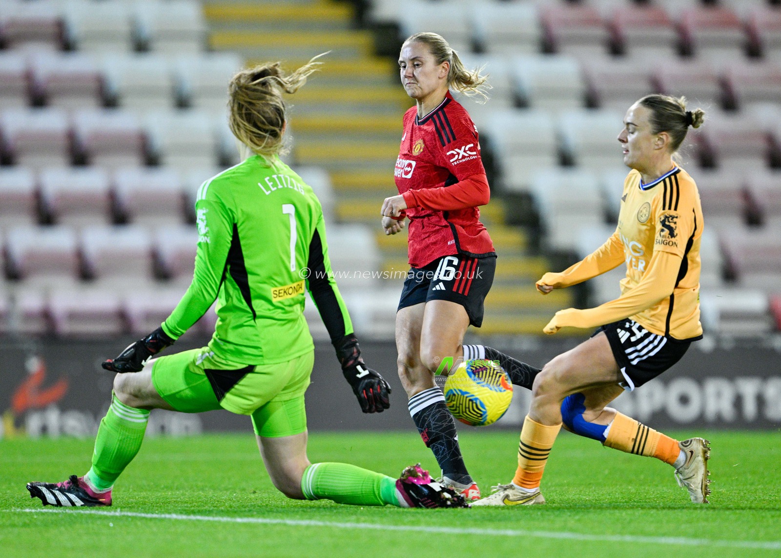 Lisa Naalsund #16 of Manchester United Women chips the keeper to make it 2-0 to United, during the FA Women's League Cup Group B match Manchester United Women vs Leicester Women at Leigh Sports Village, Leigh, United Kingdom, 14th December 2023

(Photo by Cody Froggatt/News Images)