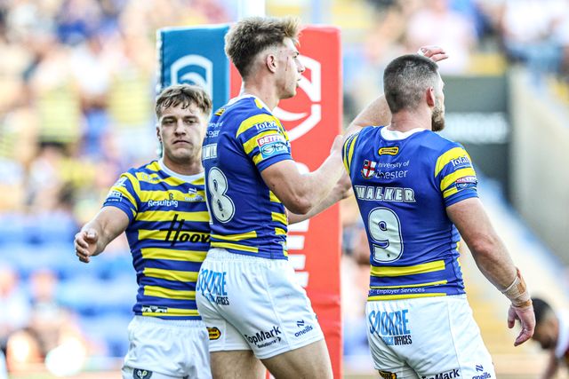 Ewan Irwin of Warrington Wolves celebrates his try during the Betfred Super League round 12 match Warrington Wolves vs Bradford Bulls at The Halliwell Jones Stadium, Warrington, United Kingdom on 24 May 2026

(Photo by Alfie Cosgrove/News Images)