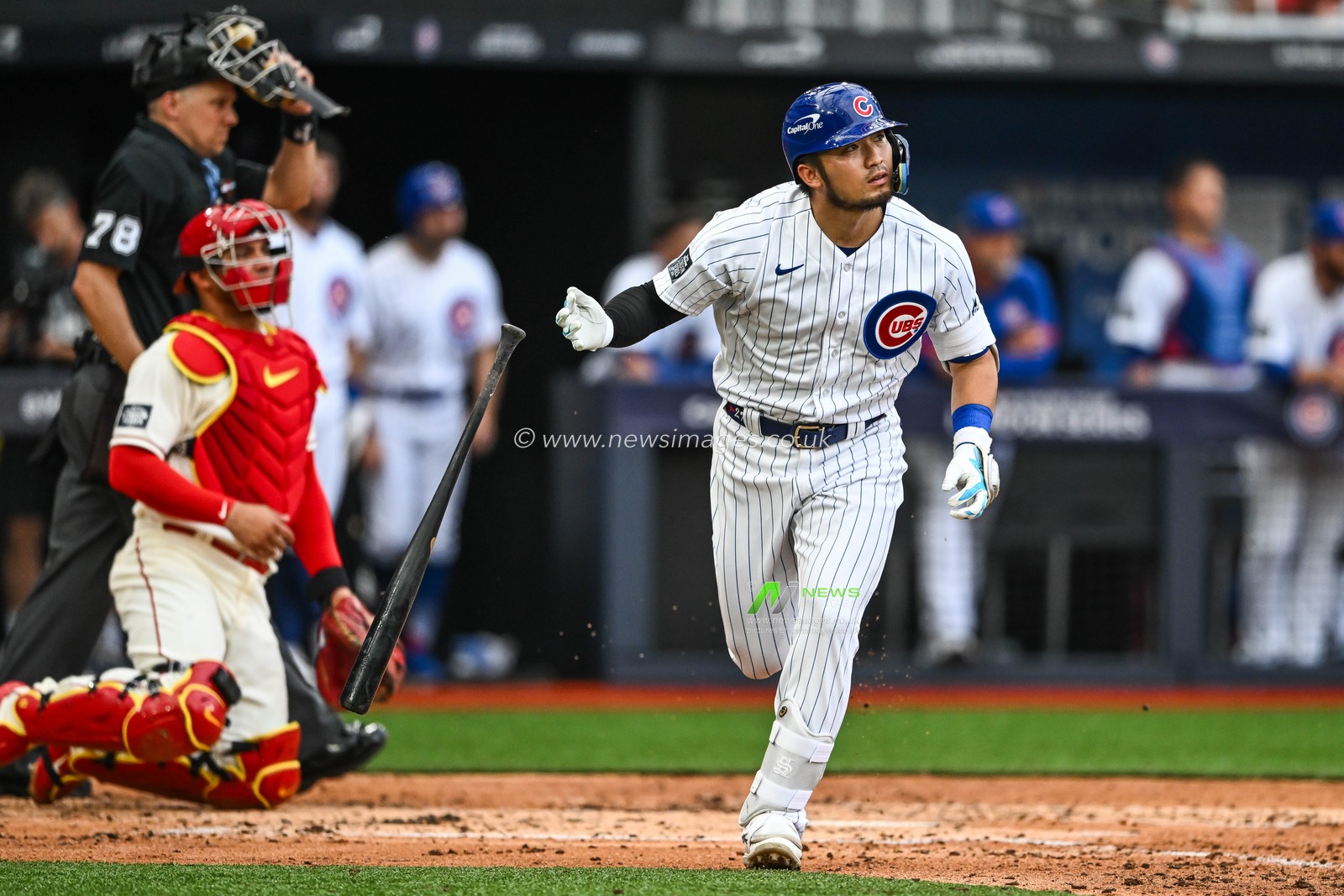 Seiya Suzuki #27 of the Chicago Cubs runs to first base during the 2023 MLB London Series match St. Louis Cardinals vs Chicago Cubs at London Stadium, London, United Kingdom, 24th June 2023

(Photo by Craig Thomas/News Images)