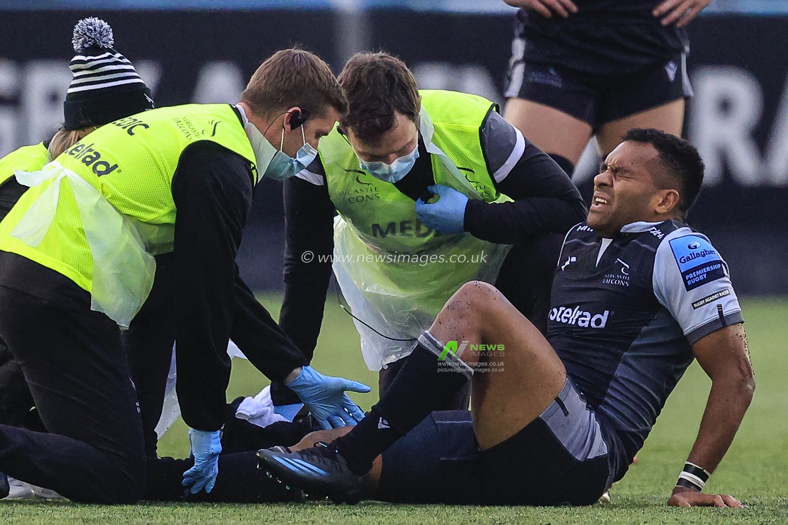 George Wacokecoke of Newcastle Falcons gets treatment for an injury