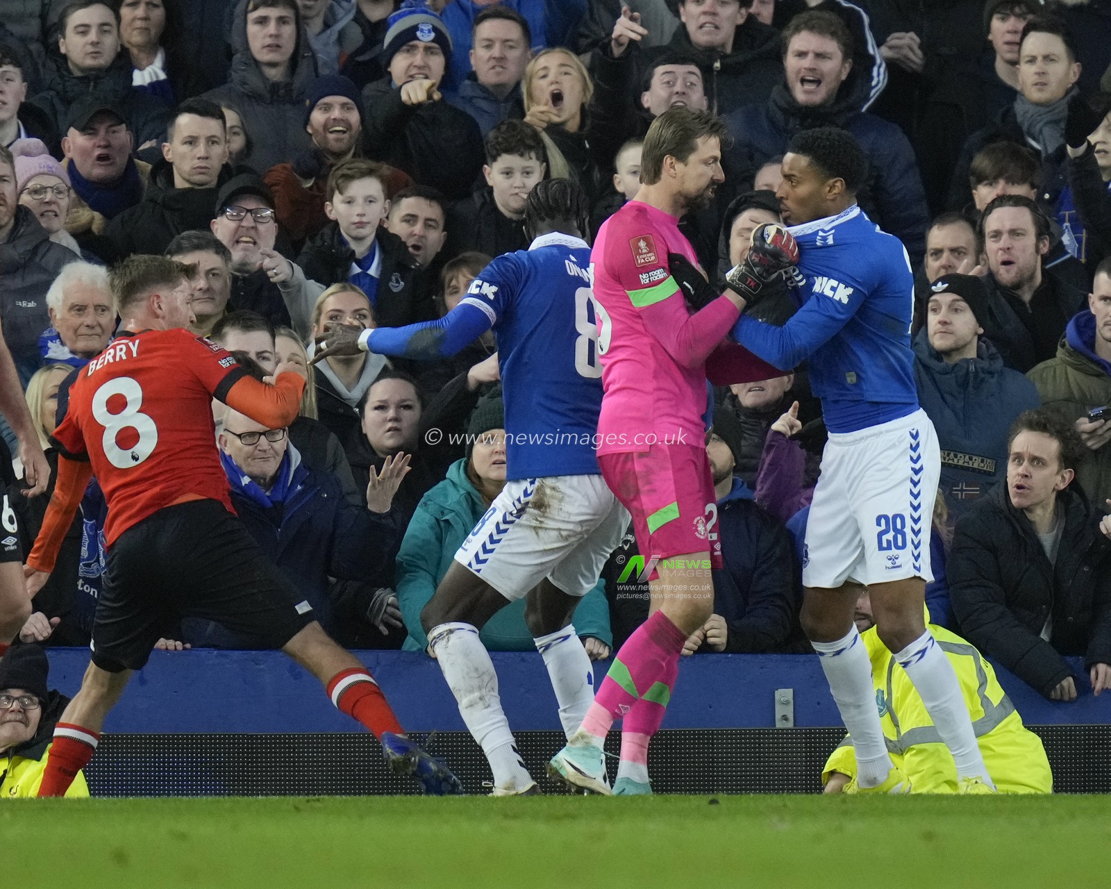 Things get heated as Tim Krul of Luton Town holds back Arnaut Danjuma of Everton during the Emirates FA Cup Fourth Round match Everton vs Luton Town at Goodison Park, Liverpool, United Kingdom, 27th January 2024

(Photo by Steve Flynn/News Images)