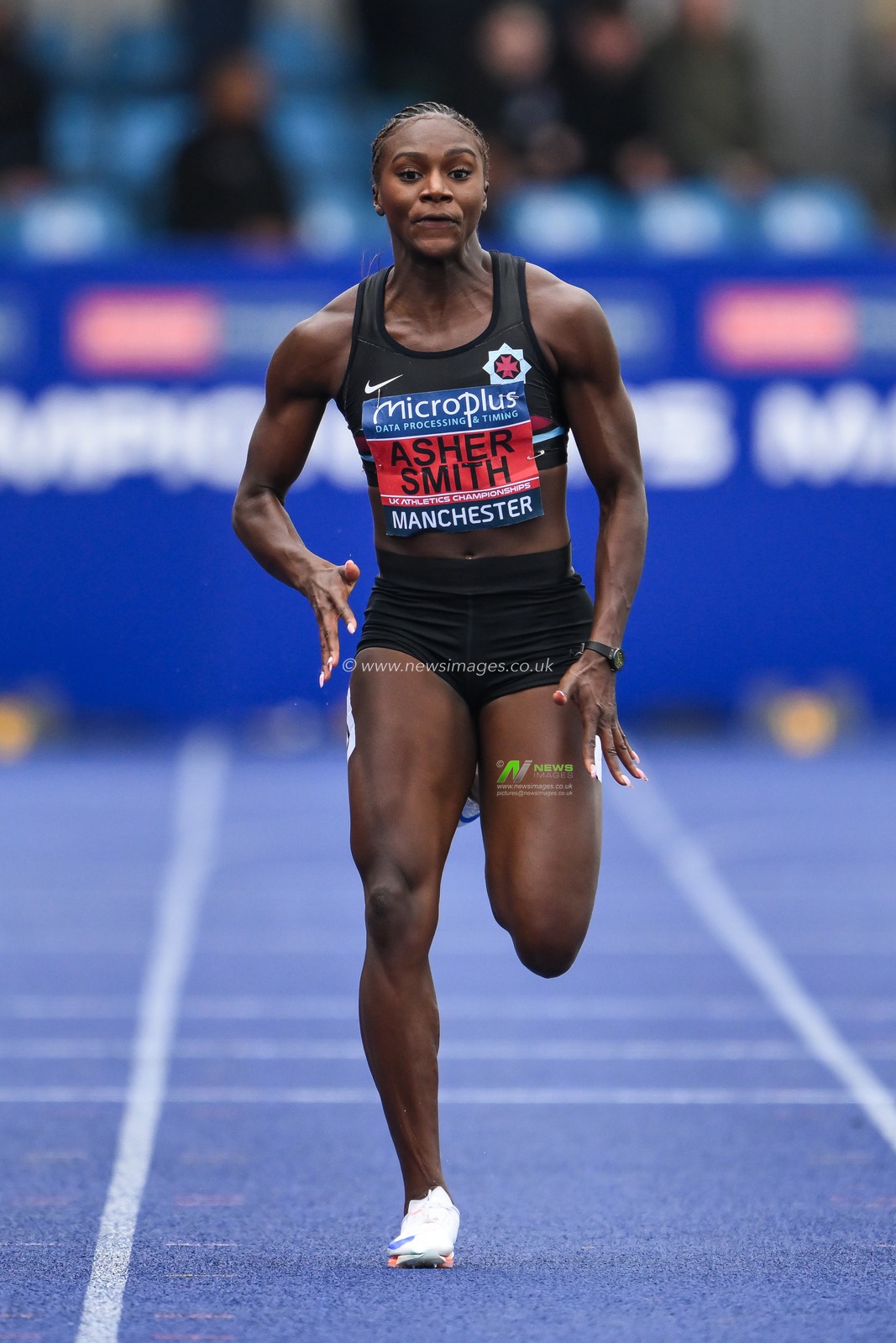 Dina Asher-Smith leads the womenâ€™s 200m final during the Microplus UK Athletics Championships Day 2 at Manchester Regional Arena, Manchester, United Kingdom, 30th June 2024

(Photo by Craig Thomas/News Images)