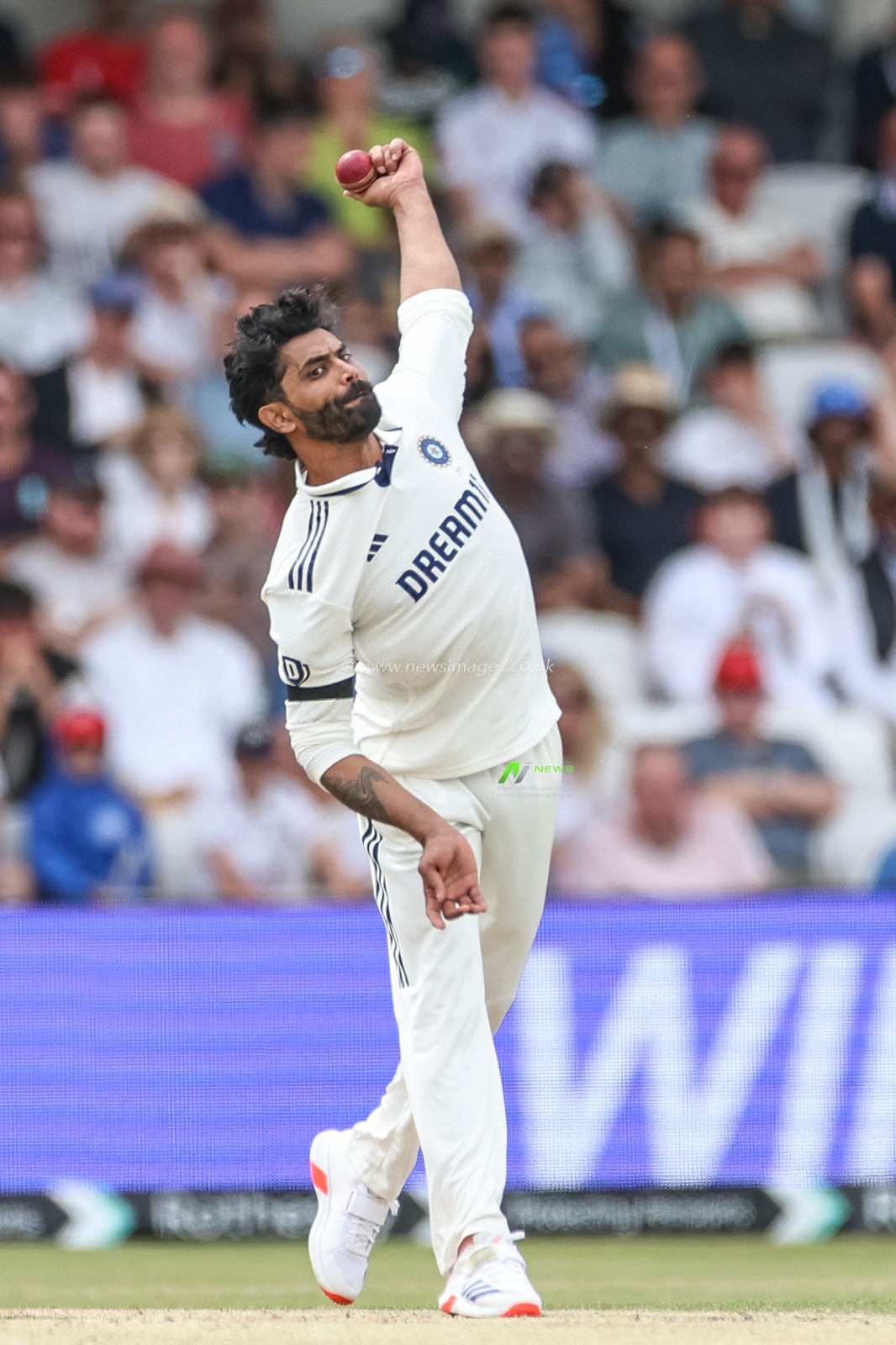 Ravindra Jadeja of India delivers the ball during the 1st Rothesay Test Match, Day 3 England vs India at Headingley Cricket Ground, Leeds, United Kingdom, 22nd June 2025

(Photo by Mark Cosgrove/News Images)