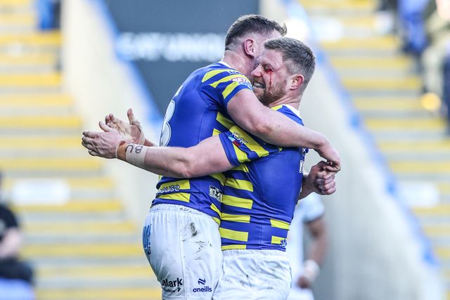 Ben Currie of Warrington Wolves celebrates his try during the Betfred Super League round 5 match Warrington Wolves vs Castleford Tigers at The Halliwell Jones Stadium, Warrington, United Kingdom on 21 March 2026

(Photo by Alfie Cosgrove/News Images)