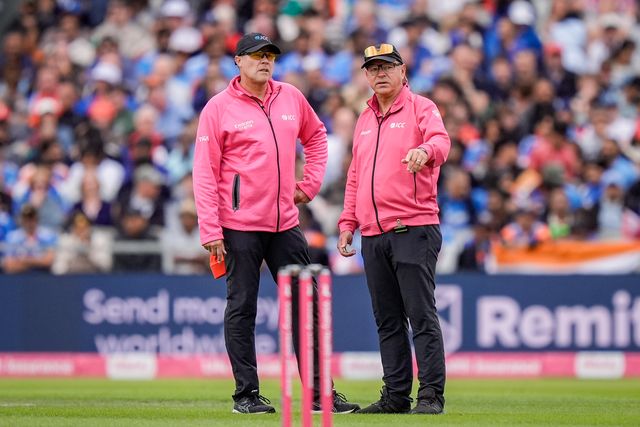 Umpires Graham Lloyd and  Martin Saggers speak during a decision review, during the Second Vitality T20 International match England vs India at Old Trafford, Manchester, United Kingdom on 04 July 2026

(Photo by Maynard Manyowa/News Images)