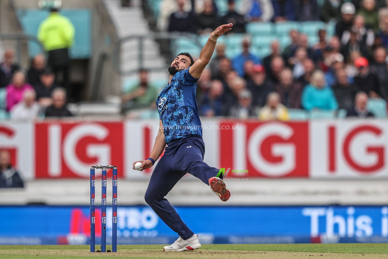 Saqib Mahmood of England delivers the ball during the 3rd Metro Bank ODI England v West Indies at The Kia Oval, London, United Kingdom, 3rd June 2025

(Photo by Alfie Cosgrove/News Images)