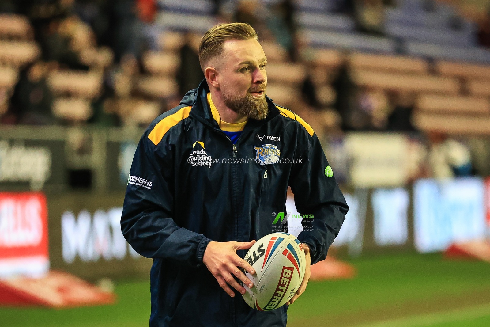Blake Austin #6 of Leeds Rhinos during pre match warm up