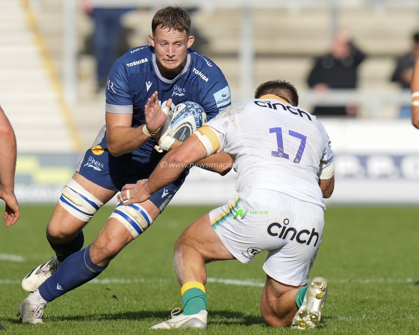 Jonny Hill #5 of Sale Sharks runs at Alex Waller #17 of Northampton Saints during the Gallagher Premiership match Sale Sharks vs Northampton Saints at AJ Bell Stadium, Eccles, United Kingdom, 15th October 2023

(Photo by Steve Flynn/News Images)