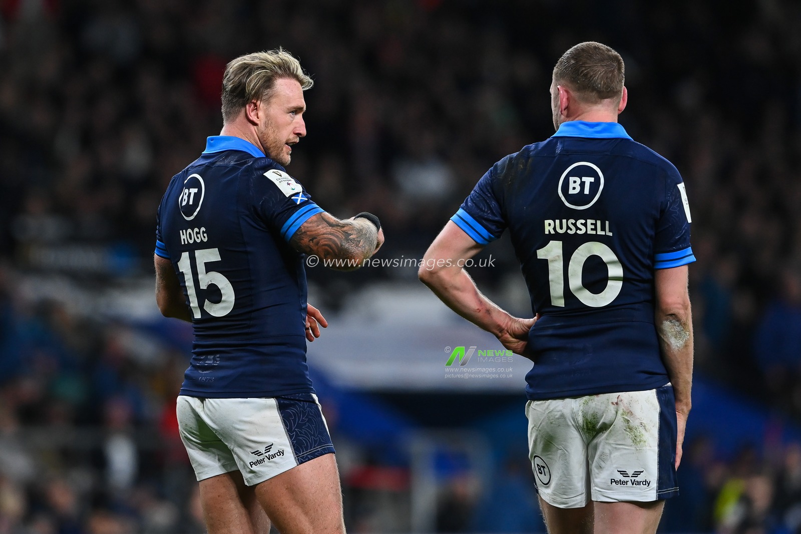 Stuart Hogg of Scotland chats to Finn Russell of Scotland during the 2023 Guinness 6 Nations match England vs Scotland at Twickenham Stadium, Twickenham, United Kingdom, 4th February 2023

(Photo by Craig Thomas/News Images)
