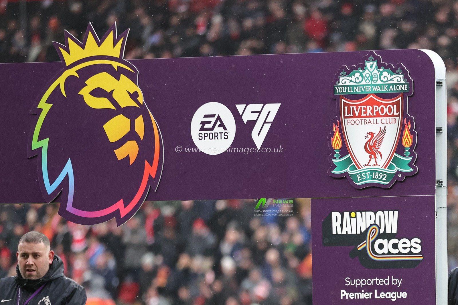Liverpool badge supporting Rainbow Laces during the Premier League match Liverpool vs Fulham at Anfield, Liverpool, United Kingdom, 3rd December 2023

(Photo by Mark Cosgrove/News Images)