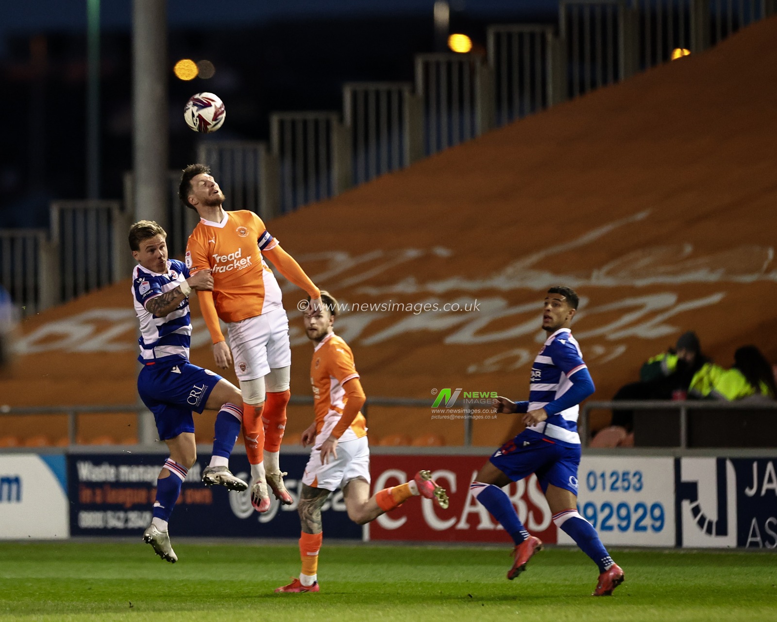 James Husband of Blackpool jumps up to win the high ball during the Sky Bet League 1 match Blackpool vs Reading at Bloomfield Road, Blackpool, United Kingdom, 1st April 2025

(Photo by Mark Cosgrove/News Images)