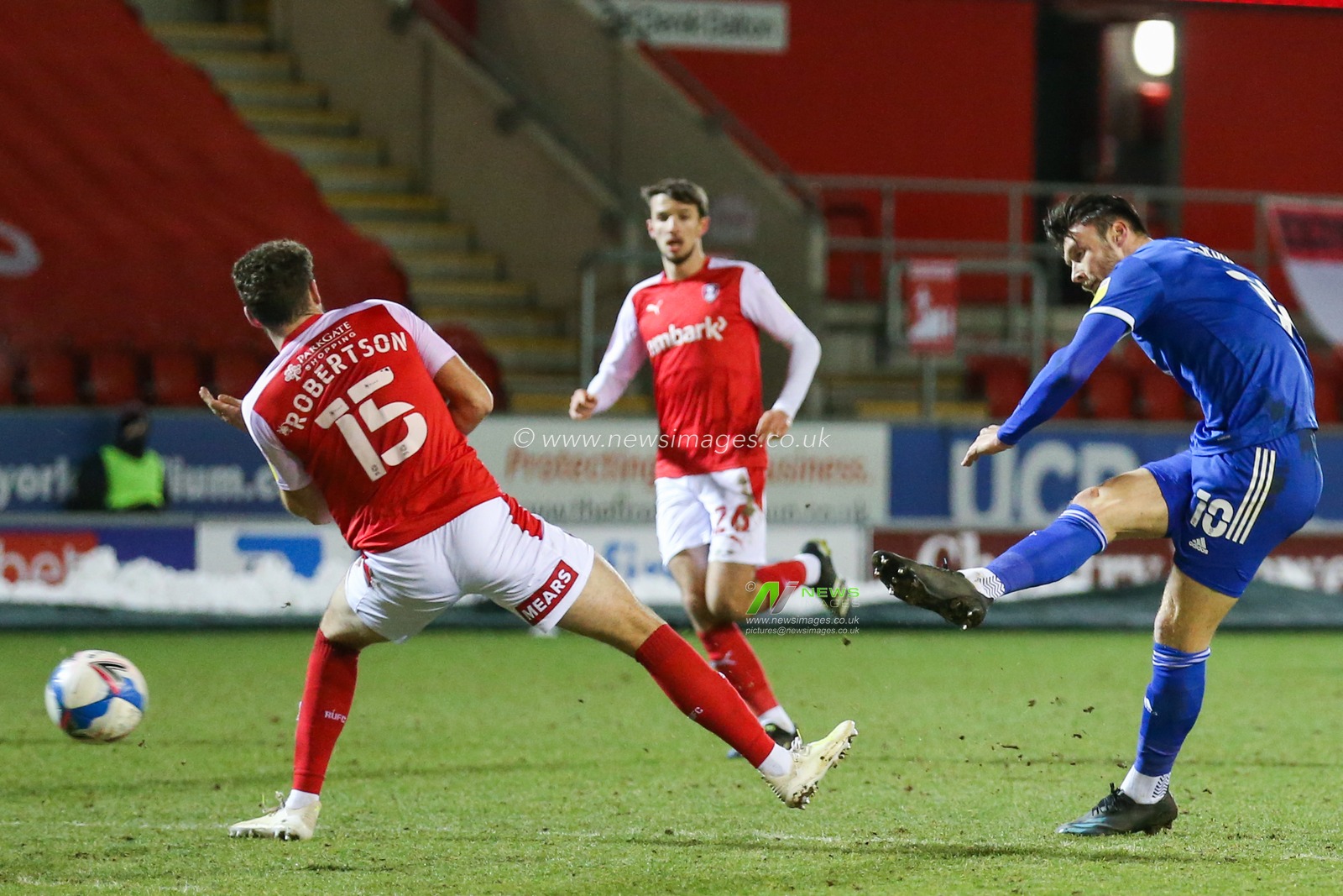 Kieffer Moore #10 of Cardiff City shot is saved by Viktor Johansson #1 of Rotherham United during the game