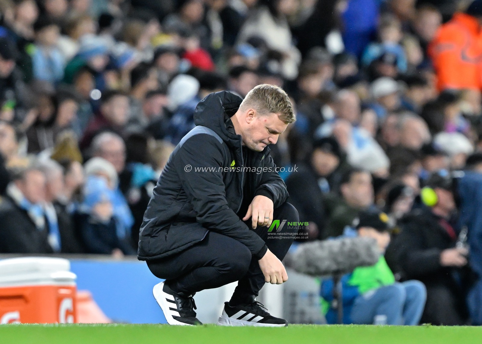 Eddie Howe manager of Newcastle United looks dejected, during the Emirates FA Cup Quarter- Final match Manchester City vs Newcastle United at Etihad Stadium, Manchester, United Kingdom, 16th March 2024

(Photo by Cody Froggatt/News Images)