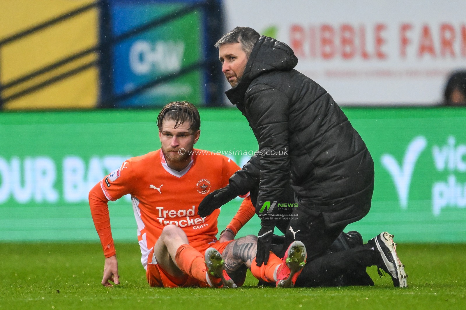 Hayden Coulson of Blackpool receives treatment during the Sky Bet League 1 match Bolton Wanderers vs Blackpool at Toughsheet Community Stadium, Bolton, United Kingdom, 23rd November 2024

(Photo by Craig Thomas/News Images)