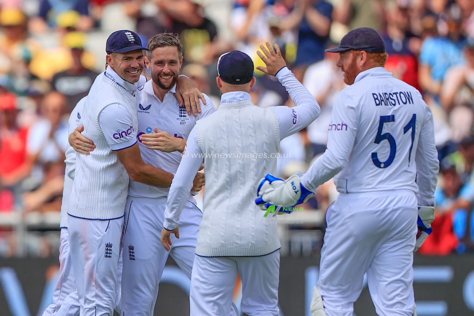 Chris Woakes of England celebrates taking the wicket of David Warner of Australia during the LV= Insurance Ashes Fourth Test Series Day One England vs Australia at Old Trafford, Manchester, United Kingdom, 19th July 2023

(Photo by Conor Molloy/News Images)
