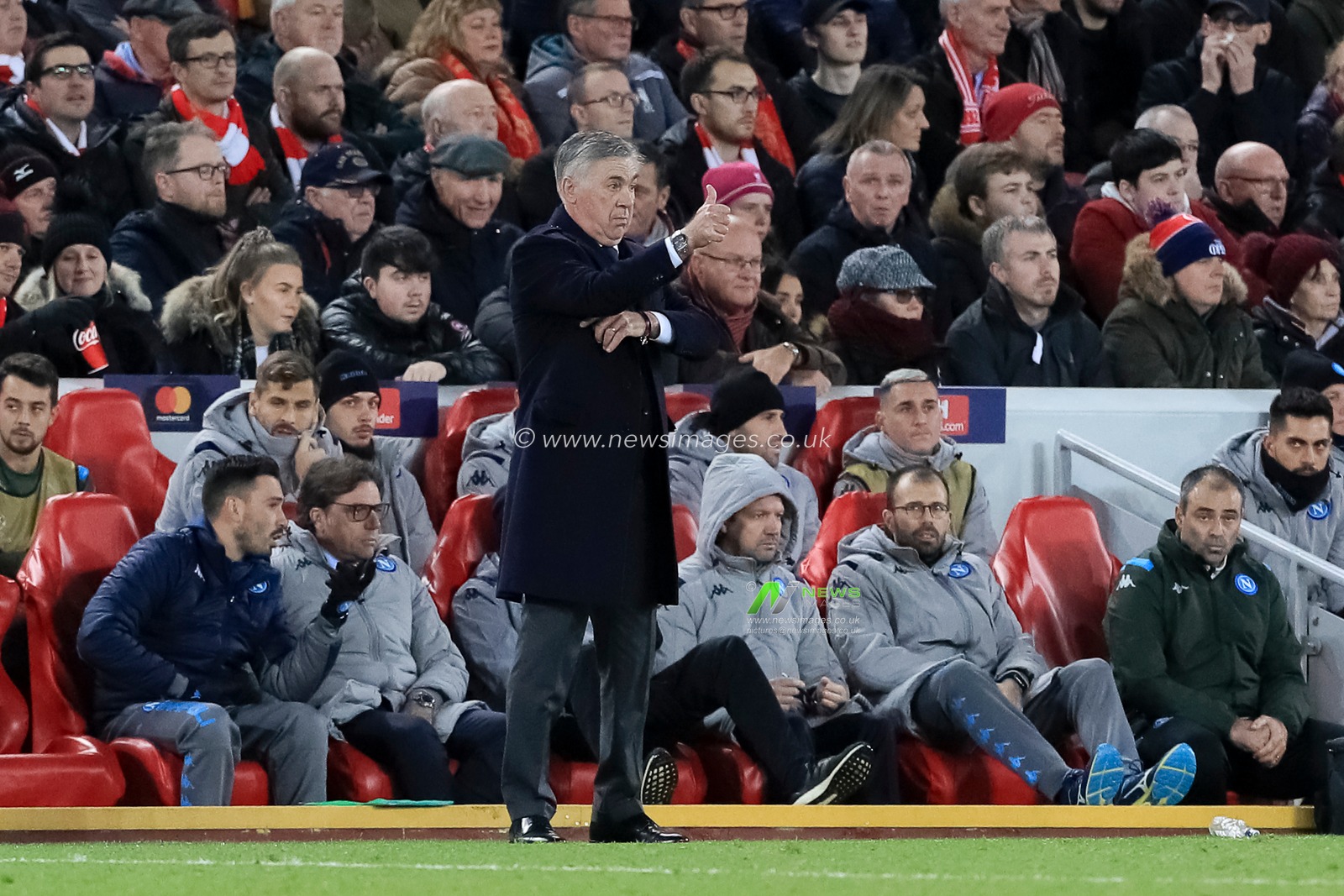 27th November 2019, Anfield, Liverpool, England; UEFA Champions League, Liverpool v Napoli : Carlo Ancelotti manager of Napoli gives the thumbs-up to his team

Credit: Mark Cosgrove/News Images