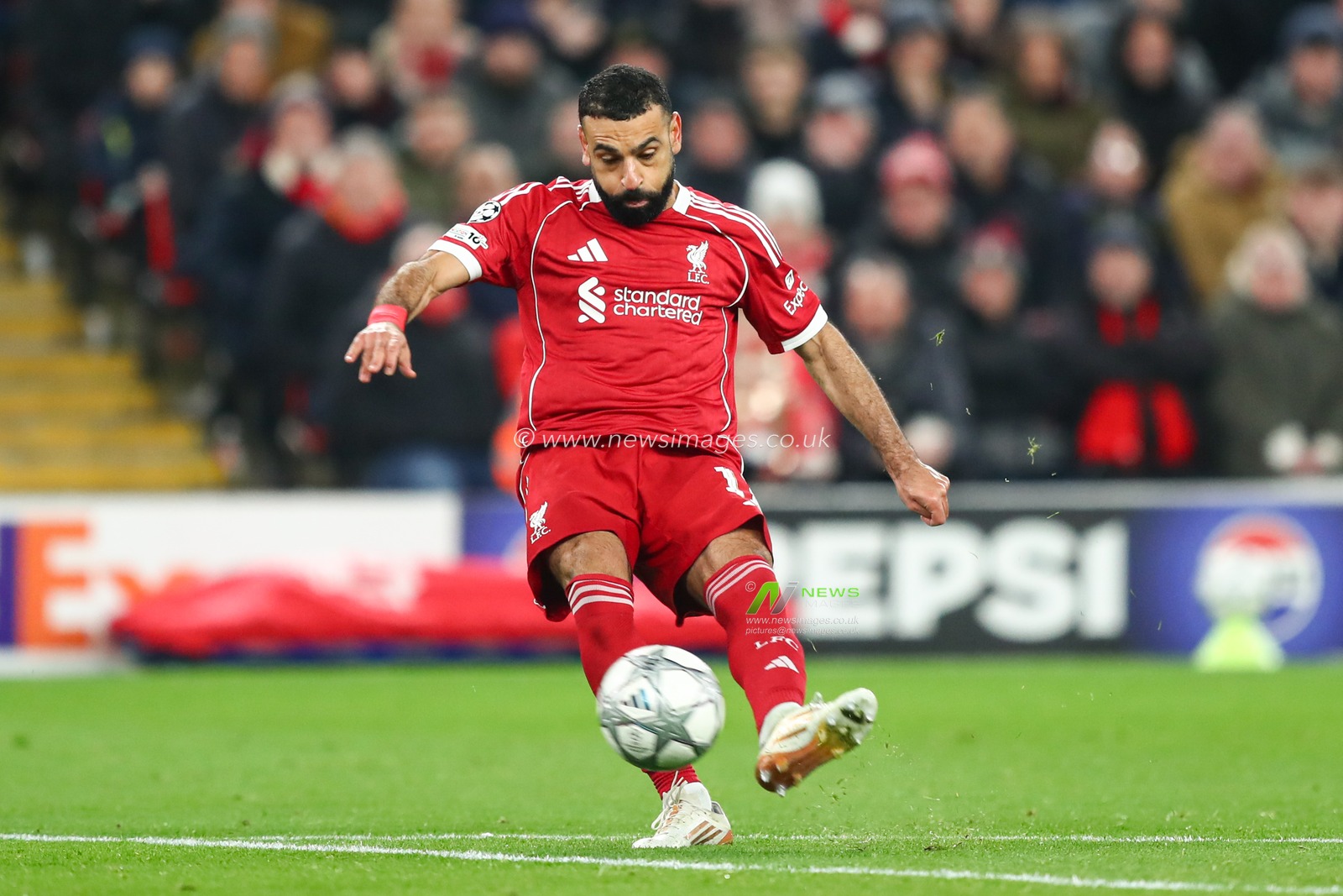 Mohamed Salah of Liverpool shoots and scores to make it 3-0 during the UEFA Champions League Match Day 8 of 8 match Liverpool vs Qarabag FK at Anfield, Liverpool, United Kingdom on 28 January 2026

(Photo by Jorge Horsted/News Images)