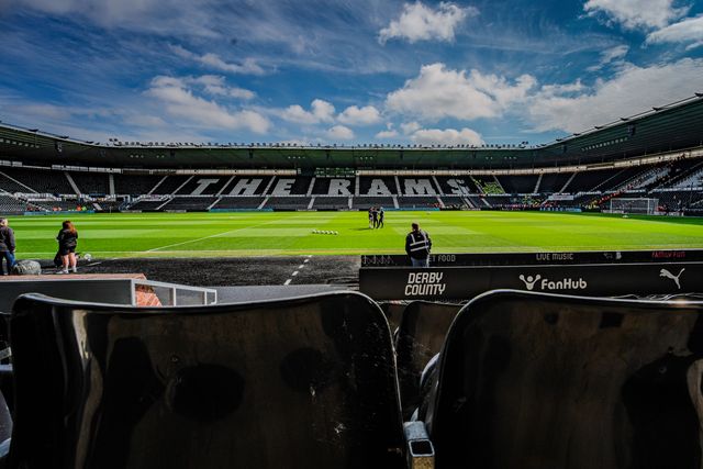 A general view of the pitch, the rams seat pattern and the stands during the Sky Bet Championship match Derby County vs Sheffield United at Pride Park Stadium, Derby, United Kingdom on 02 May 2026

(Photo by Maynard Manyowa/News Images)