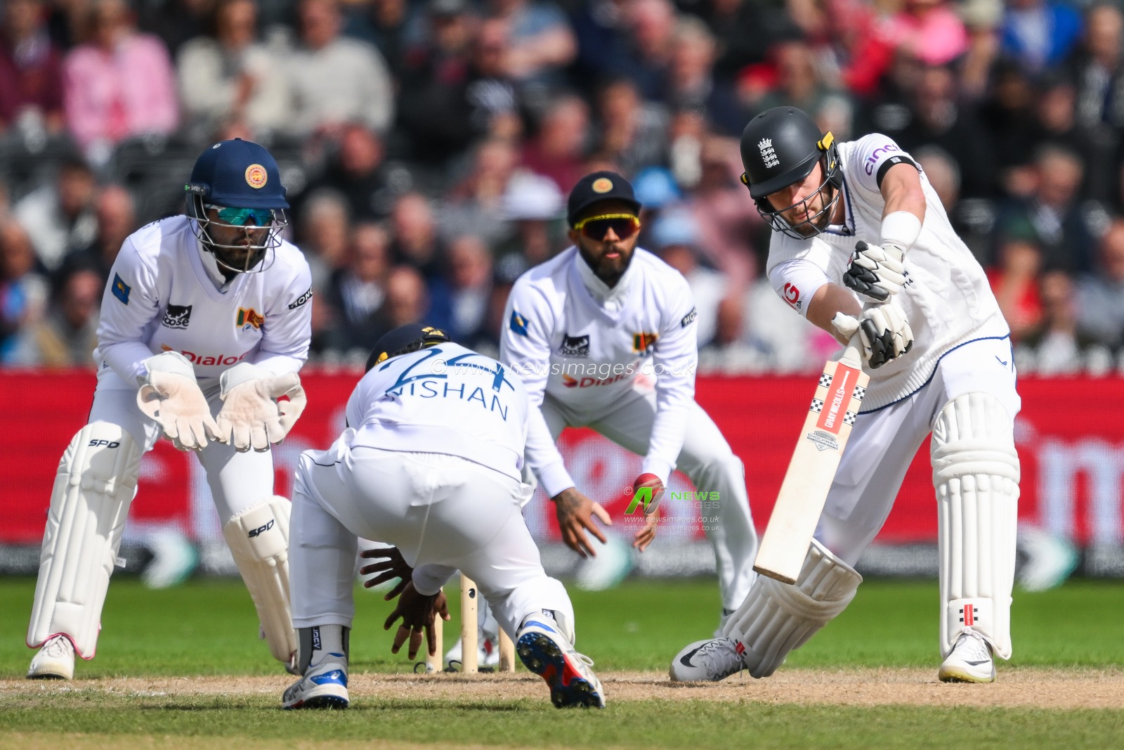Gus Atkinson of England faces a delivery from Prabath Jayasuriya of Sri Lanka during the England Men v Sri Lanka 1st Rothesay Test Match Day 3 at Old Trafford, Manchester, United Kingdom, 23rd August 2024

(Photo by Craig Thomas/News Images)