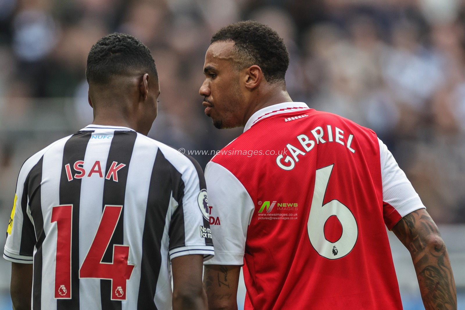 Gabriel #6 of Arsenal speaks to Alexander Isak #14 of Newcastle United during the Premier League match Newcastle United vs Arsenal at St. James's Park, Newcastle, United Kingdom, 7th May 2023

(Photo by Mark Cosgrove/News Images)
