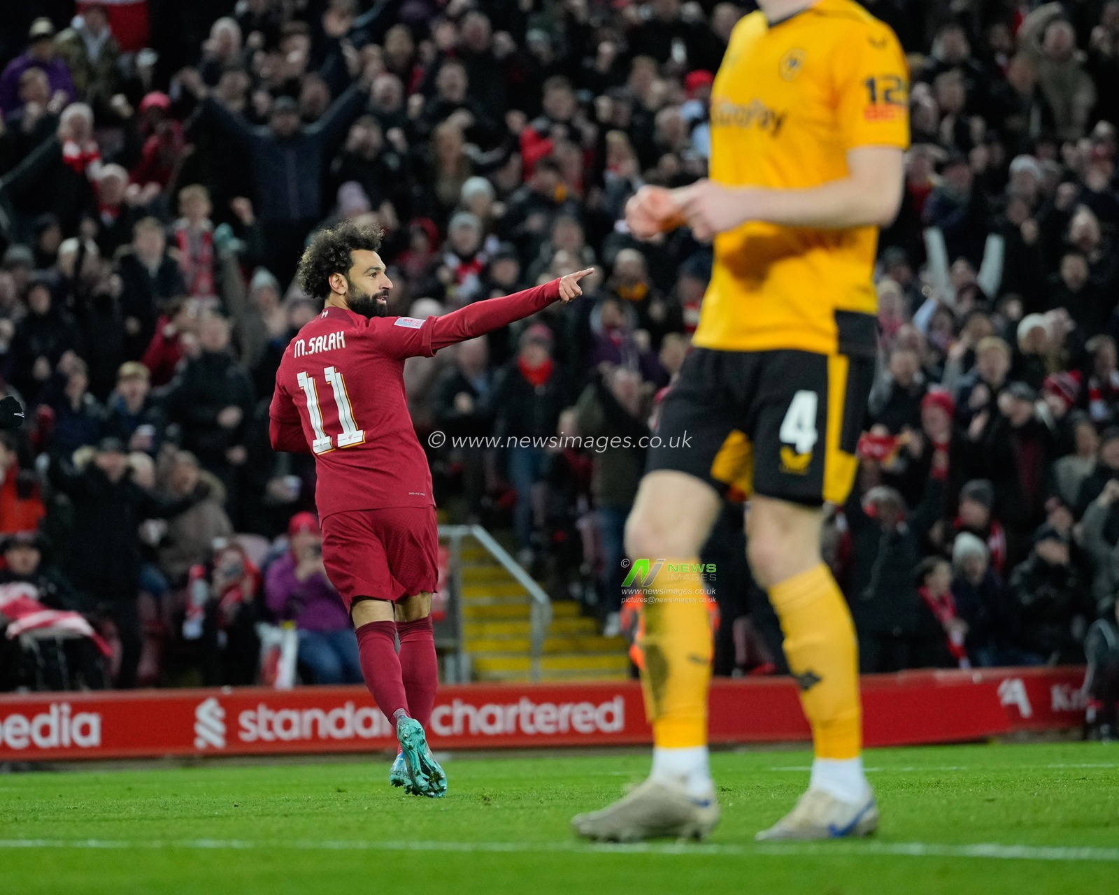 Mohamed Salah #11 of Liverpool celebrates scoring to make it 2-1 during the Emirates FA Cup Third Round match Liverpool vs Wolverhampton Wanderers at Anfield, Liverpool, United Kingdom, 7th January 2023

(Photo by Steve Flynn/News Images)