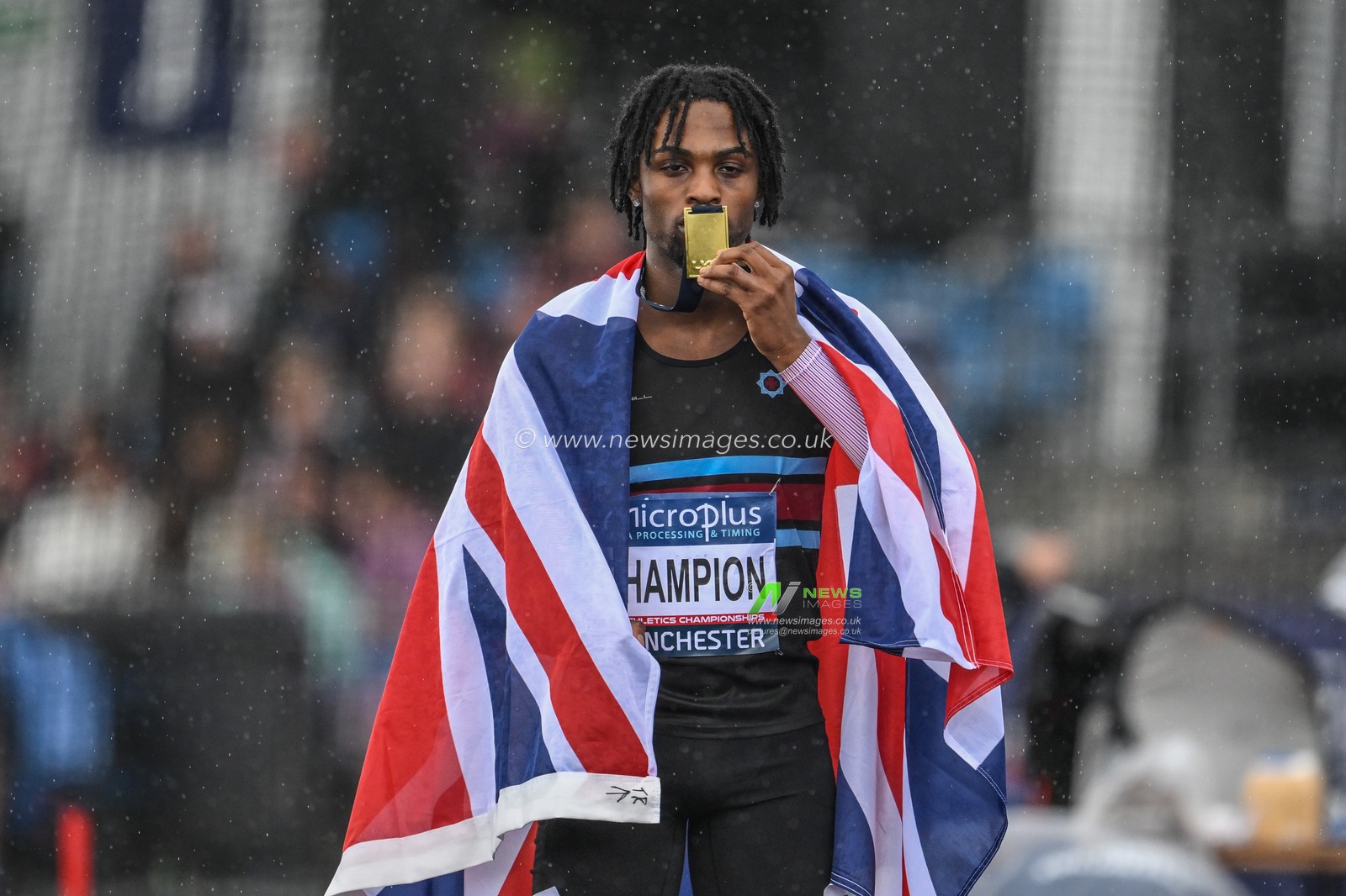 Daniel Goriola wins gold in mens 110m hurdles during the Microplus UK Athletics Championships Day 2 at Manchester Regional Arena, Manchester, United Kingdom, 30th June 2024

(Photo by Craig Thomas/News Images)