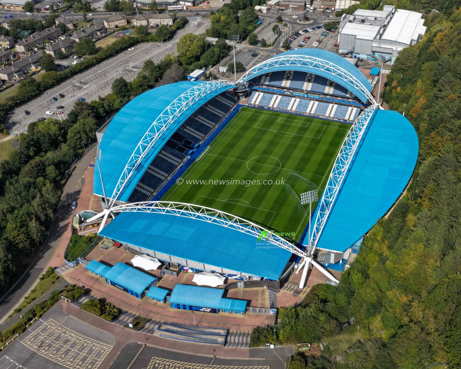 An aerial view of the Accu Stadium during the Carabao Cup match Huddersfield Town vs Leicester City at Accu Stadium, Huddersfield, United Kingdom, 13th August 2025

(Photo by Mark Cosgrove/News Images)