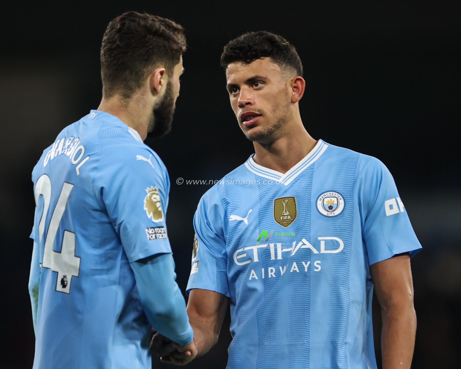 JoÅ¡ko Gvardiol of Manchester City and Matheus Nunes of Manchester City shake hands after the Premier League match Manchester City vs Burnley at Etihad Stadium, Manchester, United Kingdom, 31st January 2024

(Photo by Mark Cosgrove/News Images)