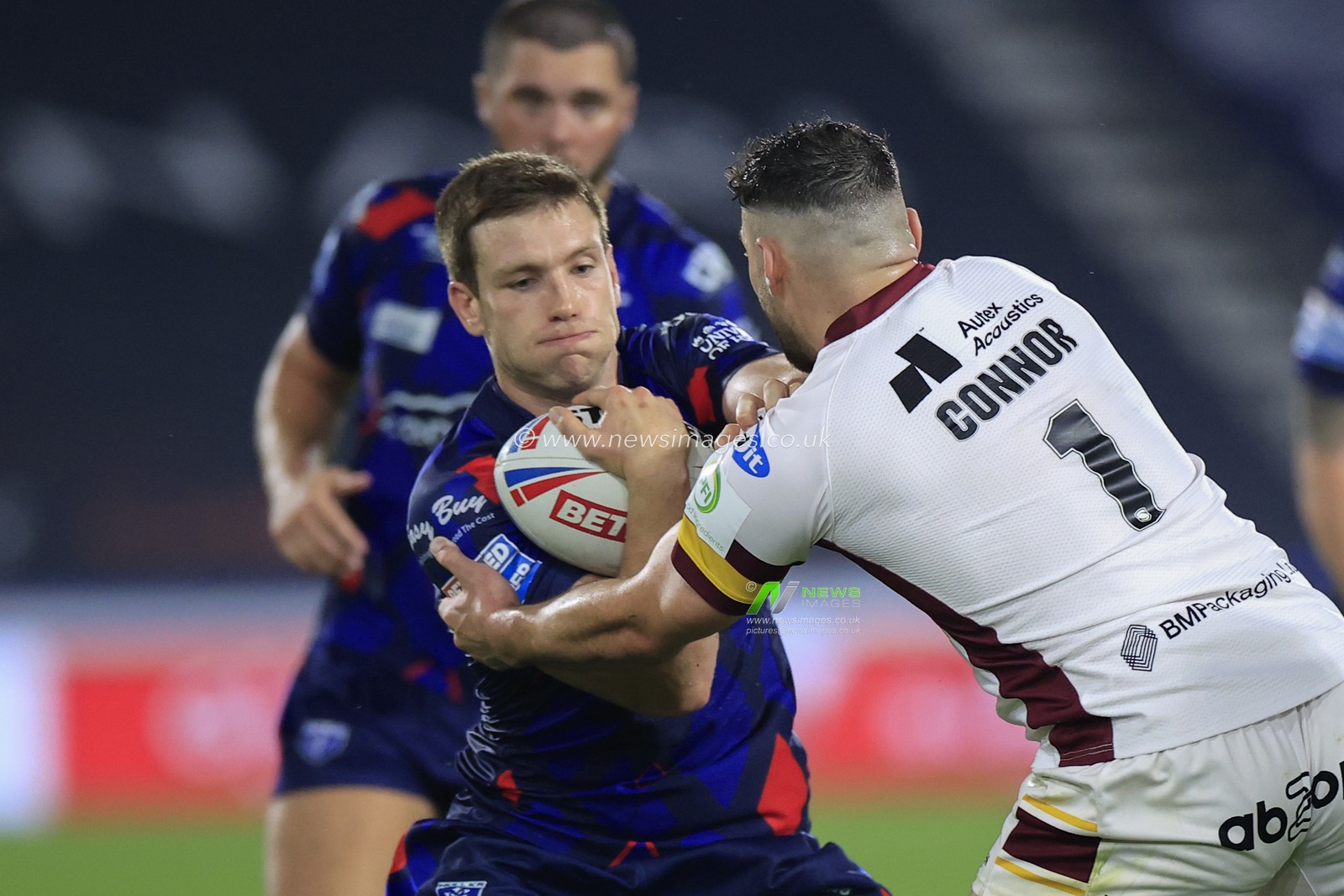 Tom Opacic #3 of Hull KR tries to get past Jake Connor #1 of Huddersfield Giants during the Betfred Super League Round 25 match Huddersfield Giants vs Hull KR at John Smith's Stadium, Huddersfield, United Kingdom, 8th September 2023

(Photo by Conor Molloy/News Images)