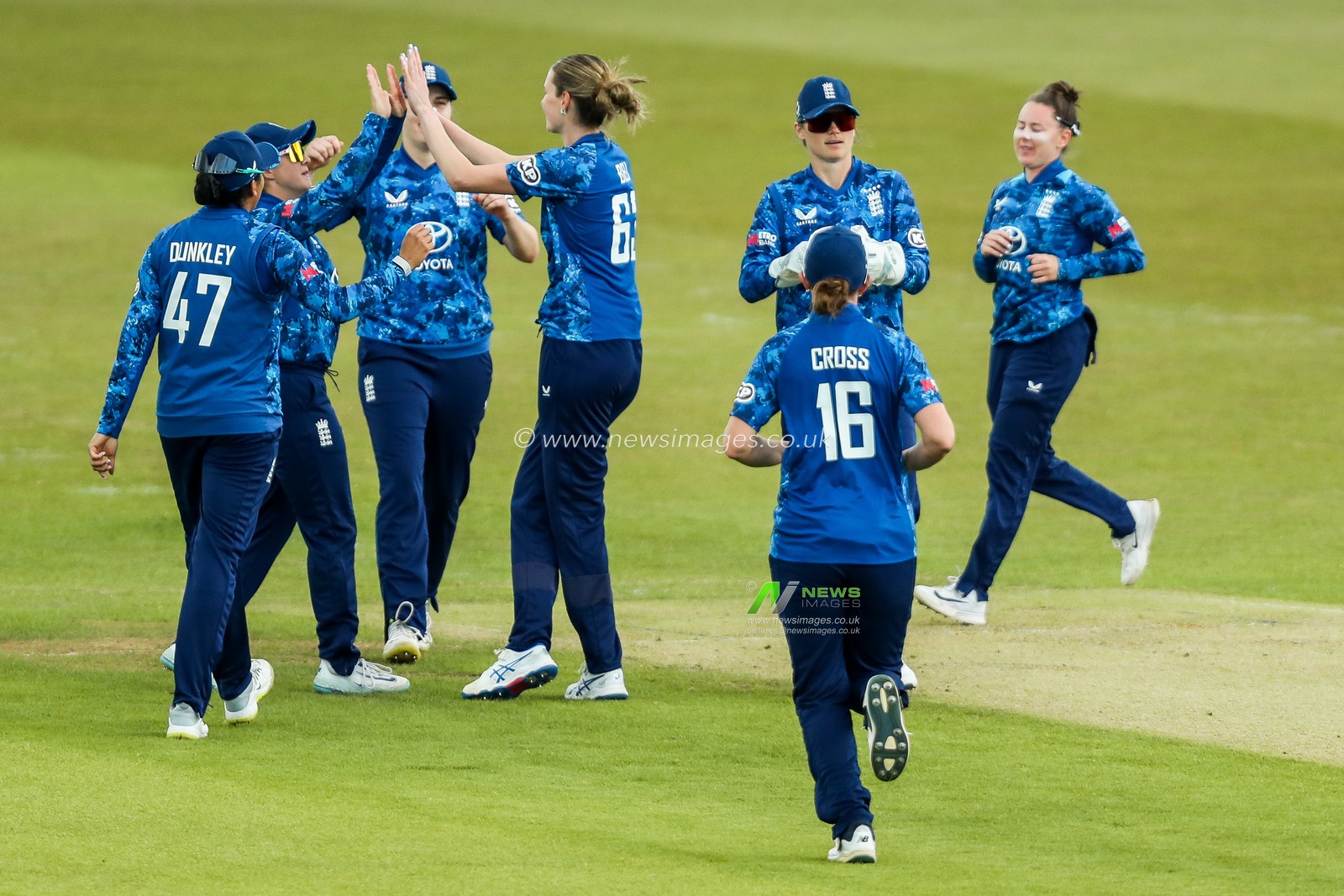 England Women celebrate after the dismissal of Zaida James of West Indies Women during the 2nd Metro Bank ODI Day International England Women v West Indies Women at Uptonsteel County Ground, Leicester, United Kingdom, 4th June 2025

(Photo by Izzy Poles/News Images)