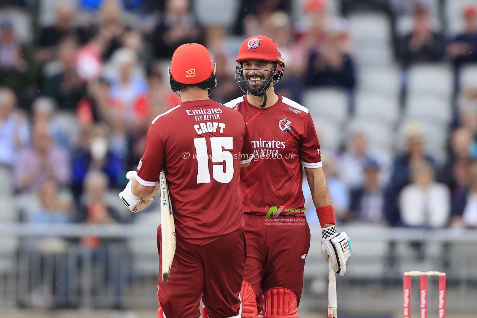 Daryl Mitchell and Steven Croft of Lancashire Lightning celebrate the 8 wicket victory during the Vitality Blast match Lancashire Lightning vs Leicestershire Foxes at Old Trafford, Manchester, United Kingdom, 25th May 2023

(Photo by Conor Molloy/News Images)