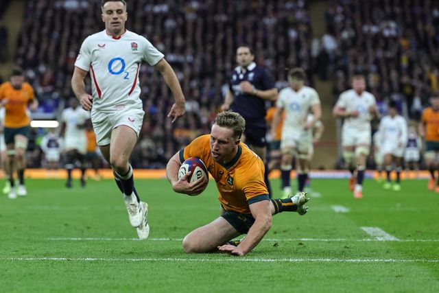 Harry Potter of Australia runs in a 70 yard solo try during the Quilter Nations Series 2025 match England vs Australia at Allianz Stadium, Twickenham, United Kingdom, 1st November 2025

(Photo by Mark Cosgrove/News Images)

*** GER AUT SUI OUT ***
