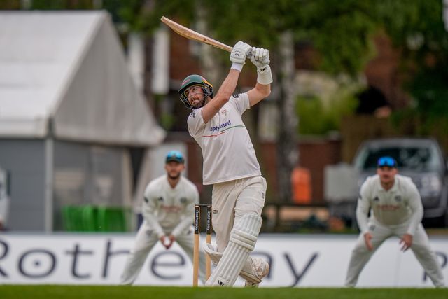 Stephen Eskinazi hits the ball for four during the County Championship Division One day 3 Leicestershire vs Nottinghamshire at Grace Road, Leicester, United Kingdom on 03 May 2026

(Photo by Maynard Manyowa/News Images)