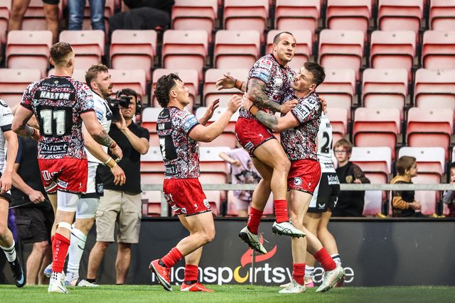 AJ Towse of Leigh Leopards celebrates his try during the Betfred Super League round 12 match Leigh Leopards vs Hull FC at Leigh Sports Village, Leigh, United Kingdom on 22 May 2026

(Photo by Alfie Cosgrove/News Images)
