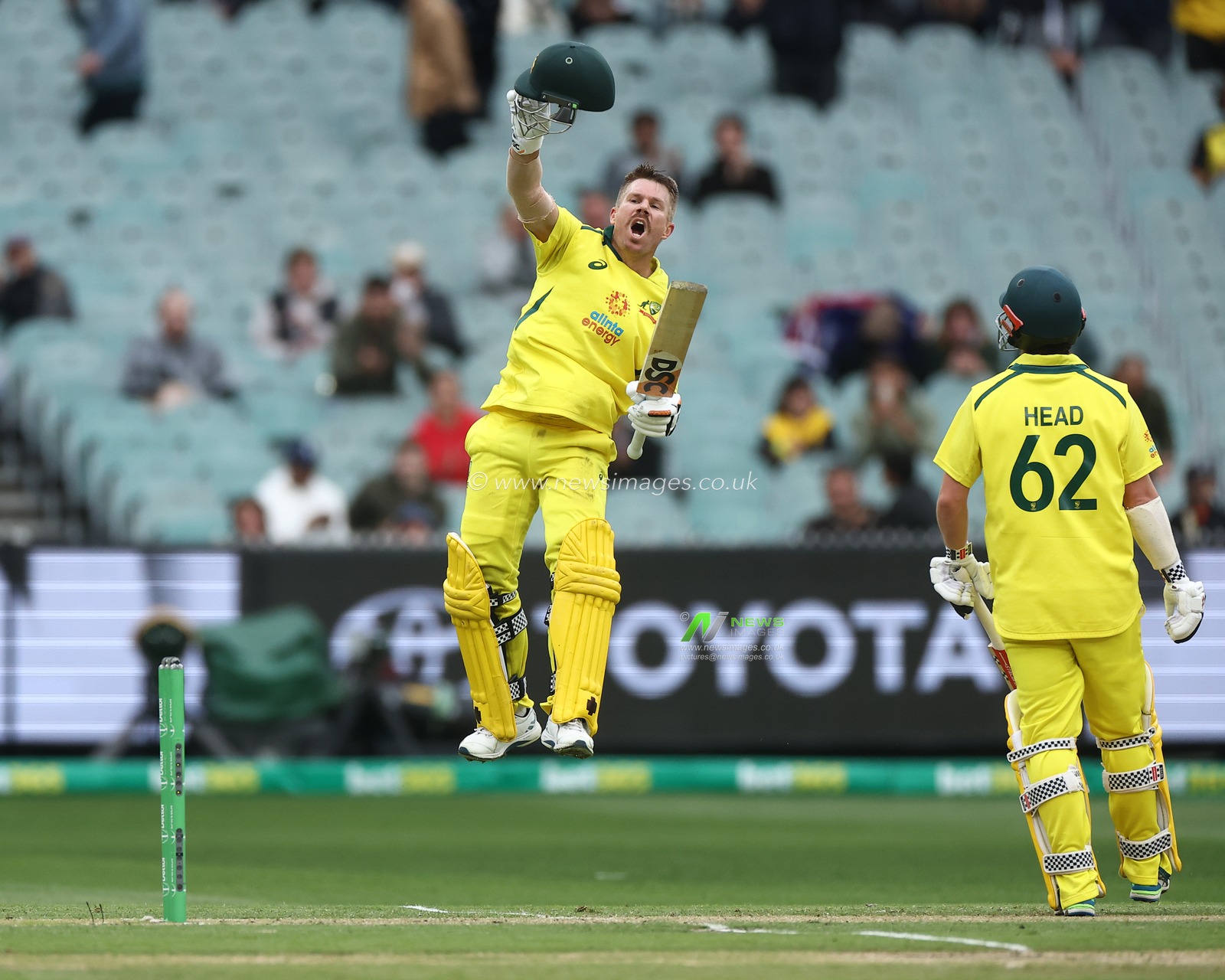 David Warner of Australia celebrates reaching 100 runs during the Dettol ODI Series match Australia vs England at Melbourne Cricket Ground, Melbourne, Australia, 22nd November 2022

(Photo by Patrick Hoelscher/News Images)