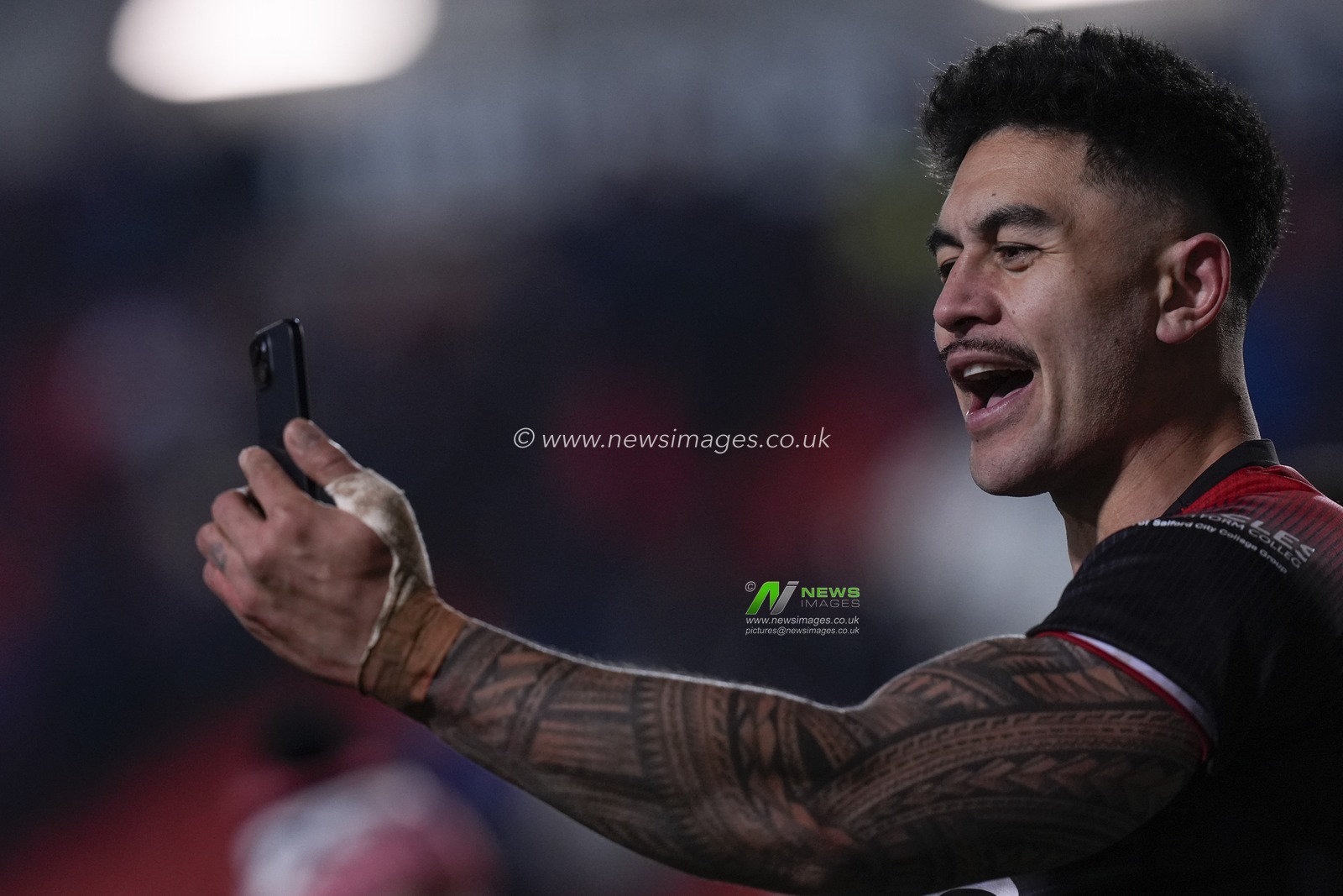 Tim Lafai of Salford Red Devils speak on a video message after his sides victory in the Betfred Super League Round 4 match St Helens vs Salford Red Devils at Totally Wicked Stadium, St Helens, United Kingdom, 8th March 2024

(Photo by Steve Flynn/News Images)