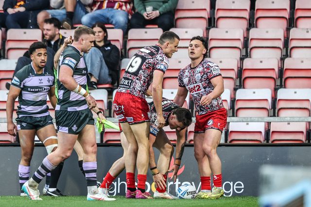 AJ Towse of Leigh Leopards celebrates his try during the Betfred Super League round 9 match Leigh Leopards vs Huddersfield Giants at Leigh Sports Village, Leigh, United Kingdom on 23 April 2026

(Photo by Alfie Cosgrove/News Images)