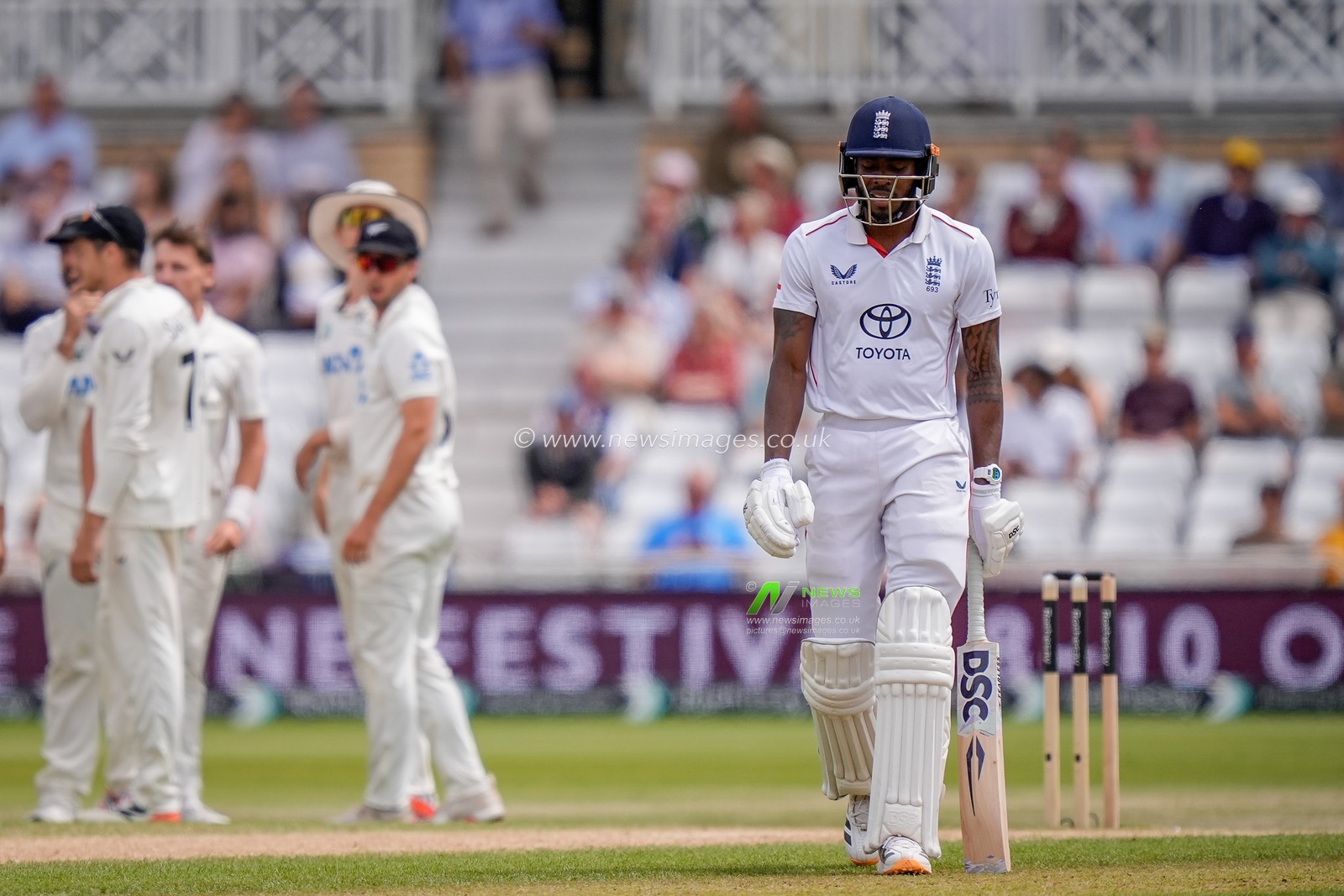 Jofra Archer of England walks off dejected after being dismissed during the 3rd Rothesay Test Match Day 5 match England vs New Zealand at Trent Bridge, Nottingham, United Kingdom on 29 June 2026

(Photo by Maynard Manyowa/News Images)