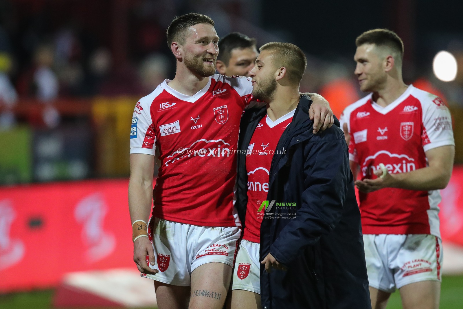 Ethan Ryan #2 of Hull KR celebrates the victory with Mikey Lewis #20 of Hull KR after the Betfred Challenge Cup match Hull KR vs Batley Bulldogs at Sewell Group Craven Park, Kingston upon Hull, United Kingdom, 19th May 2023

(Photo by James Heaton/News Images)