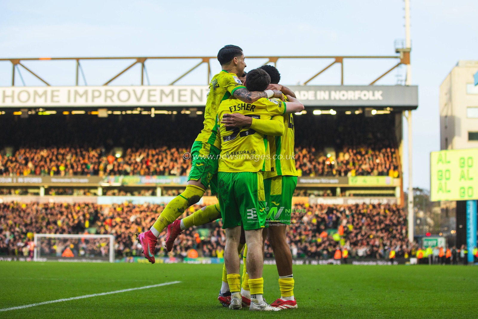 Lucien Mahovo of Norwich City, Anis Slimane of Norwich City, Kellen Fisher of Norwich City celebrate after scoring Norwichâ€™s fourth goal during the Sky Bet Championship match Norwich City vs Stoke City at Carrow Road, Norwich, United Kingdom, 22nd February 2025

(Photo by Craig Evans/News Images)