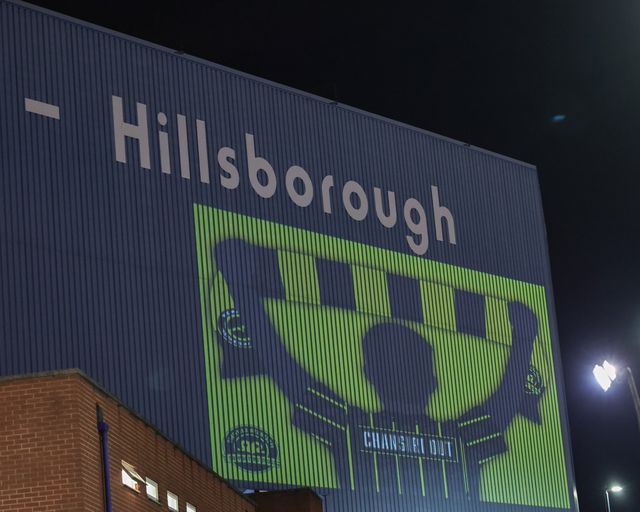Fans protest against Sheffield Wednesday owner Dejphon Chansiri as they shine projected images onto the Kop stand during the Sky Bet Championship match Sheffield Wednesday vs Middlesbrough at Hillsborough, Sheffield, United Kingdom, 22nd October 2025

(Photo by Mark Cosgrove/News Images)