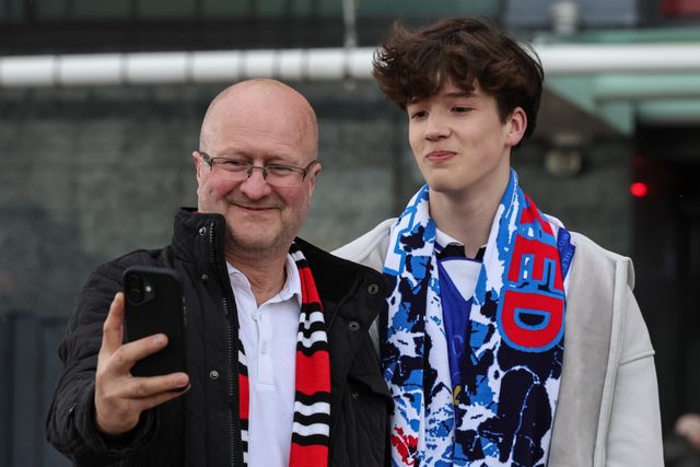 Manchester United fans take a selfie during the Premier League match Manchester United vs Leeds United at Old Trafford, Manchester, United Kingdom on 13 April 2026

(Photo by Mark Cosgrove/News Images)