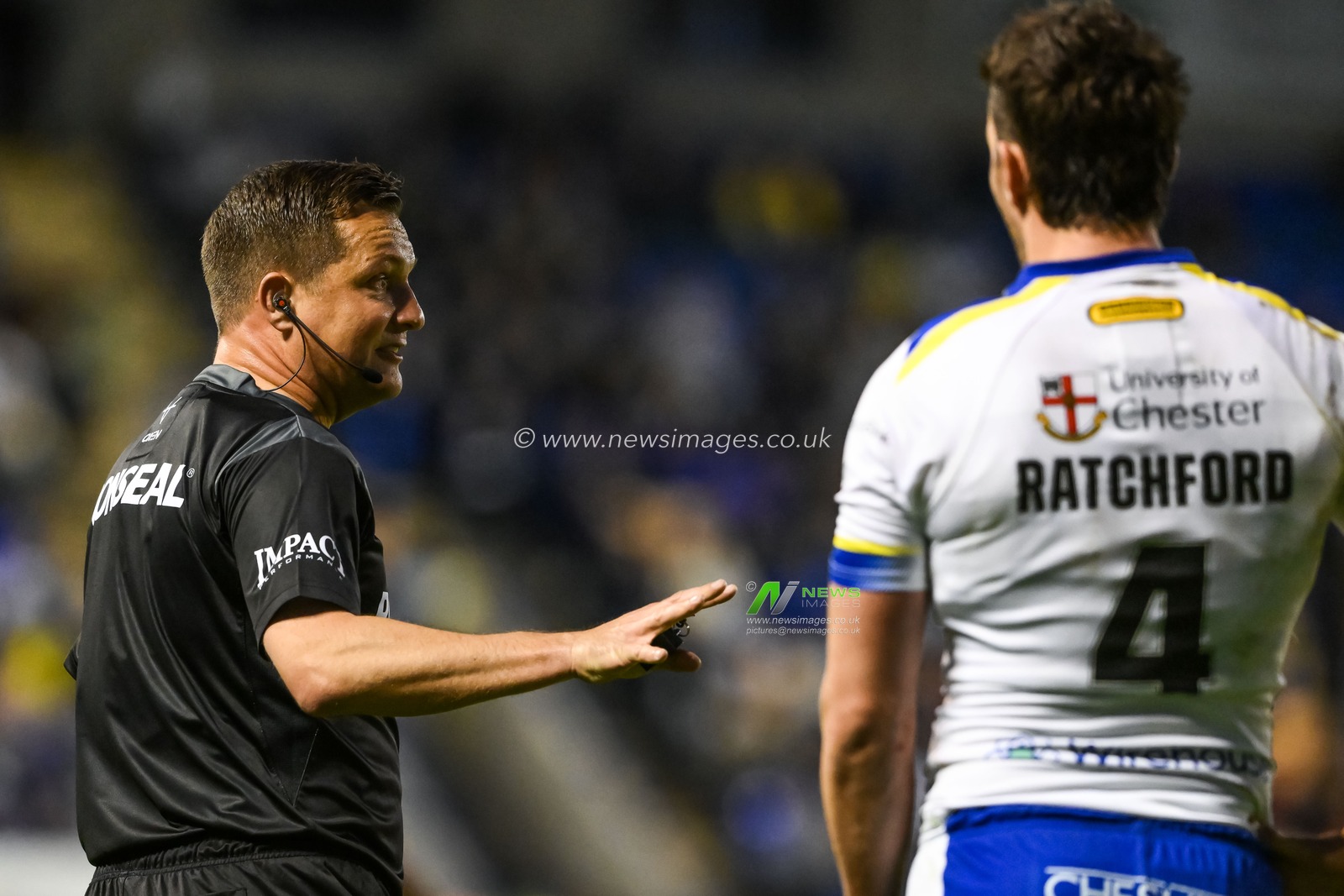 referee Ben Thaler speaks to Stefan Ratchford #4 of Warrington Wolves during the Betfred Super League Round 12 match Warrington Wolves vs Hull KR at Halliwell Jones Stadium, Warrington, United Kingdom, 12th May 2023

(Photo by Craig Thomas/News Images)