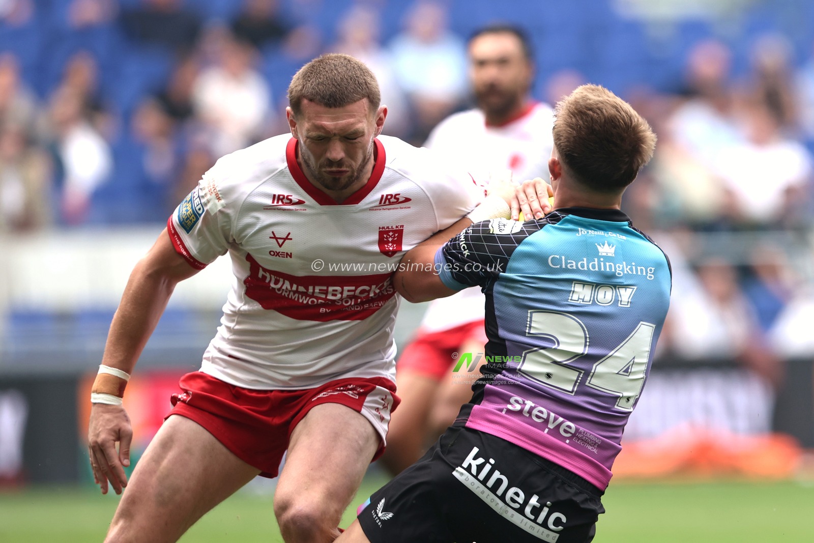 Logan Moy of Hull FC is tackled by James Batchelor of Hull KR during the Betfred Super League Magic Weekend match Hull KR vs Hull FC at Hill Dickinson Stadium, Liverpool, United Kingdom on 04 July 2026

(Photo by Alfie Cosgrove/News Images)