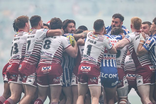 An altercation between the players in the first minute of the game during the Betfred Super League Magic Weekend match Wigan Warriors vs St Helens at Hill Dickinson Stadium, Liverpool, United Kingdom on 05 July 2026

(Photo by Alfie Cosgrove/News Images)