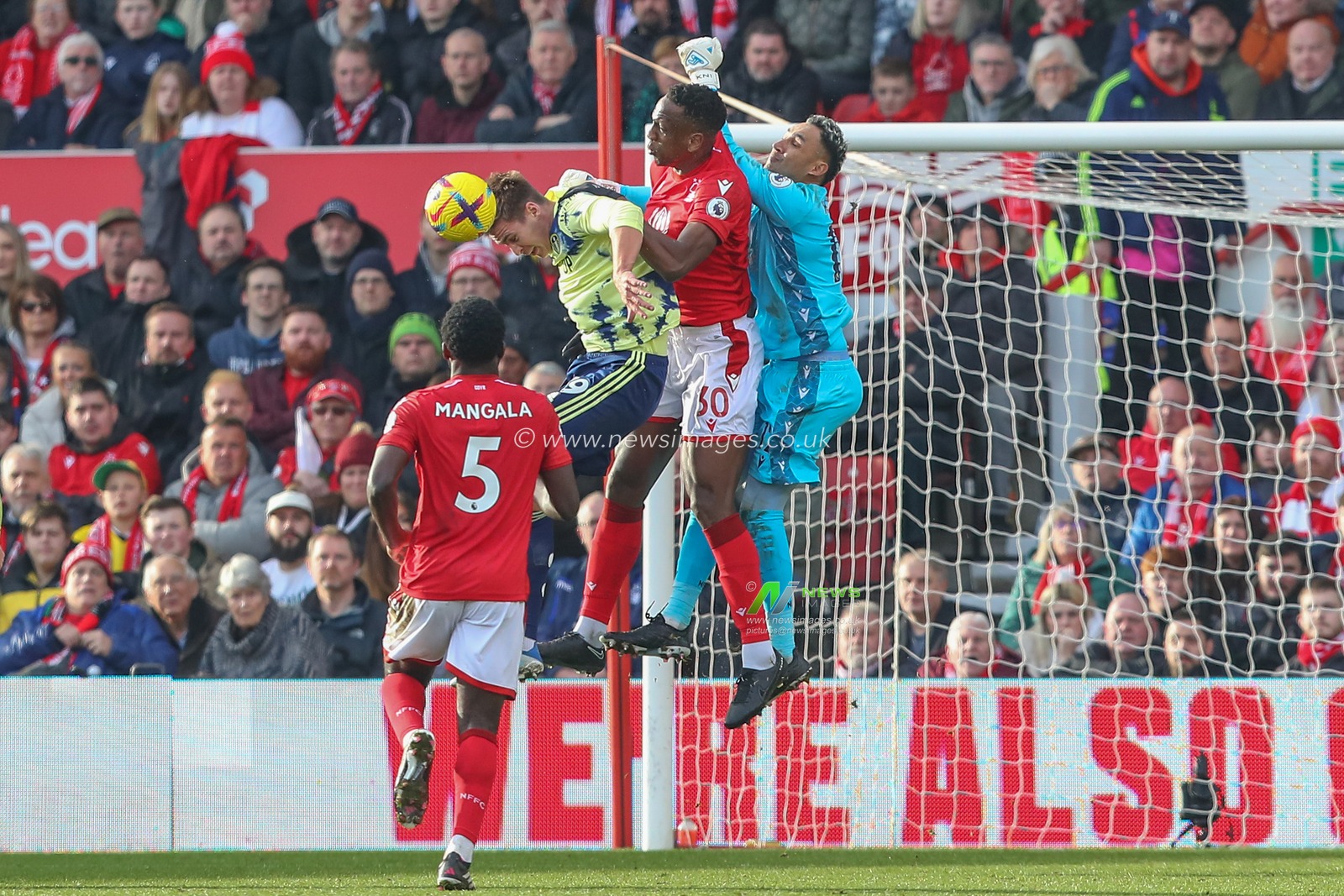 Keylor Navas #12 of Nottingham Forest collides with Willy Boly #30 of Nottingham Forest as he comes to punch the ball clear during the Premier League match Nottingham Forest vs Leeds United at City Ground, Nottingham, United Kingdom, 5th February 2023

(Photo by Gareth Evans/News Images)