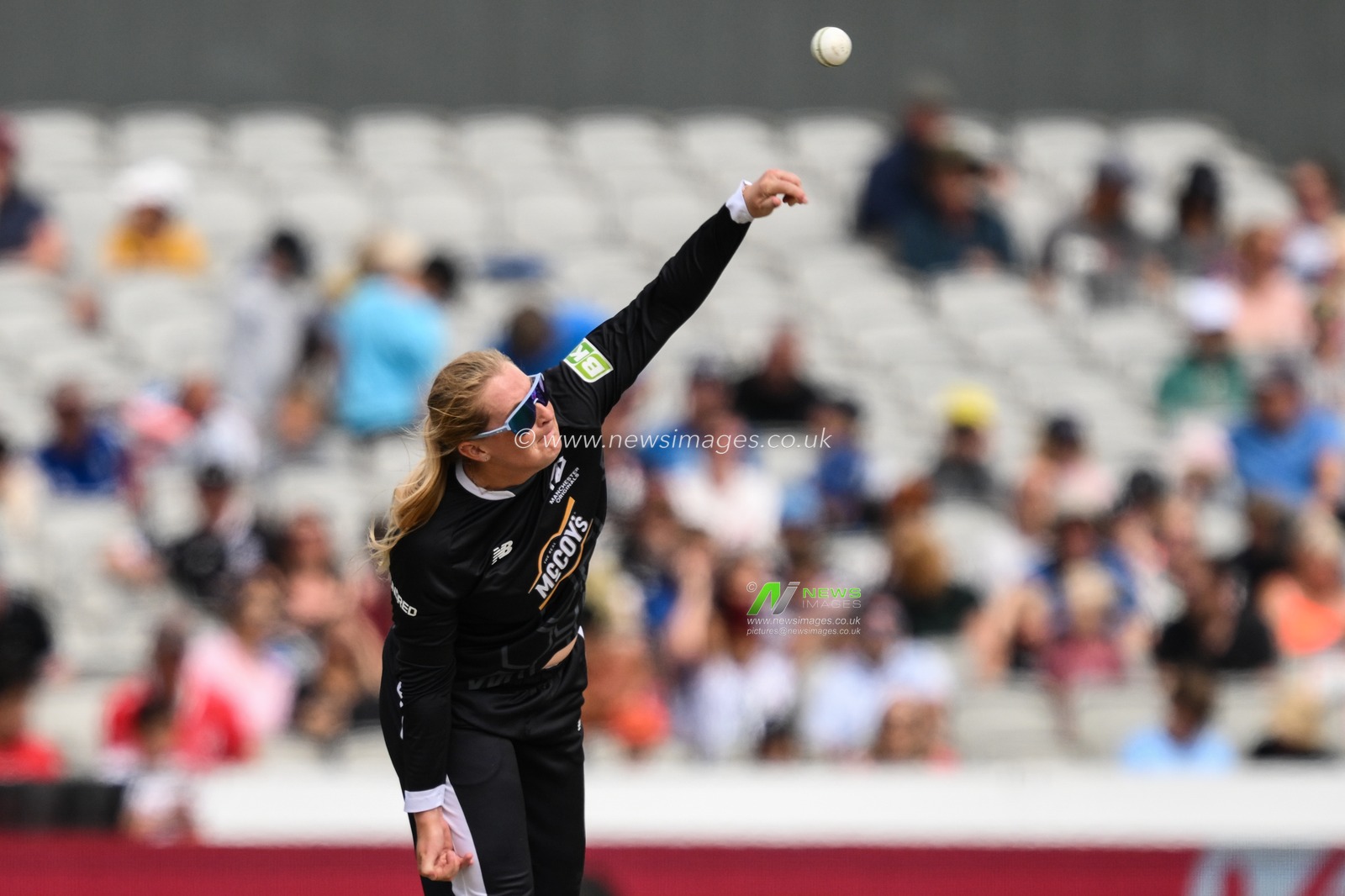 Sophie Ecclestone of Manchester Orignals delivers the ball during the The Hundred match Manchester Originals Women vs Oval Invincibles Women at Old Trafford, Manchester, United Kingdom, 6th August 2024

(Photo by Craig Thomas/News Images)