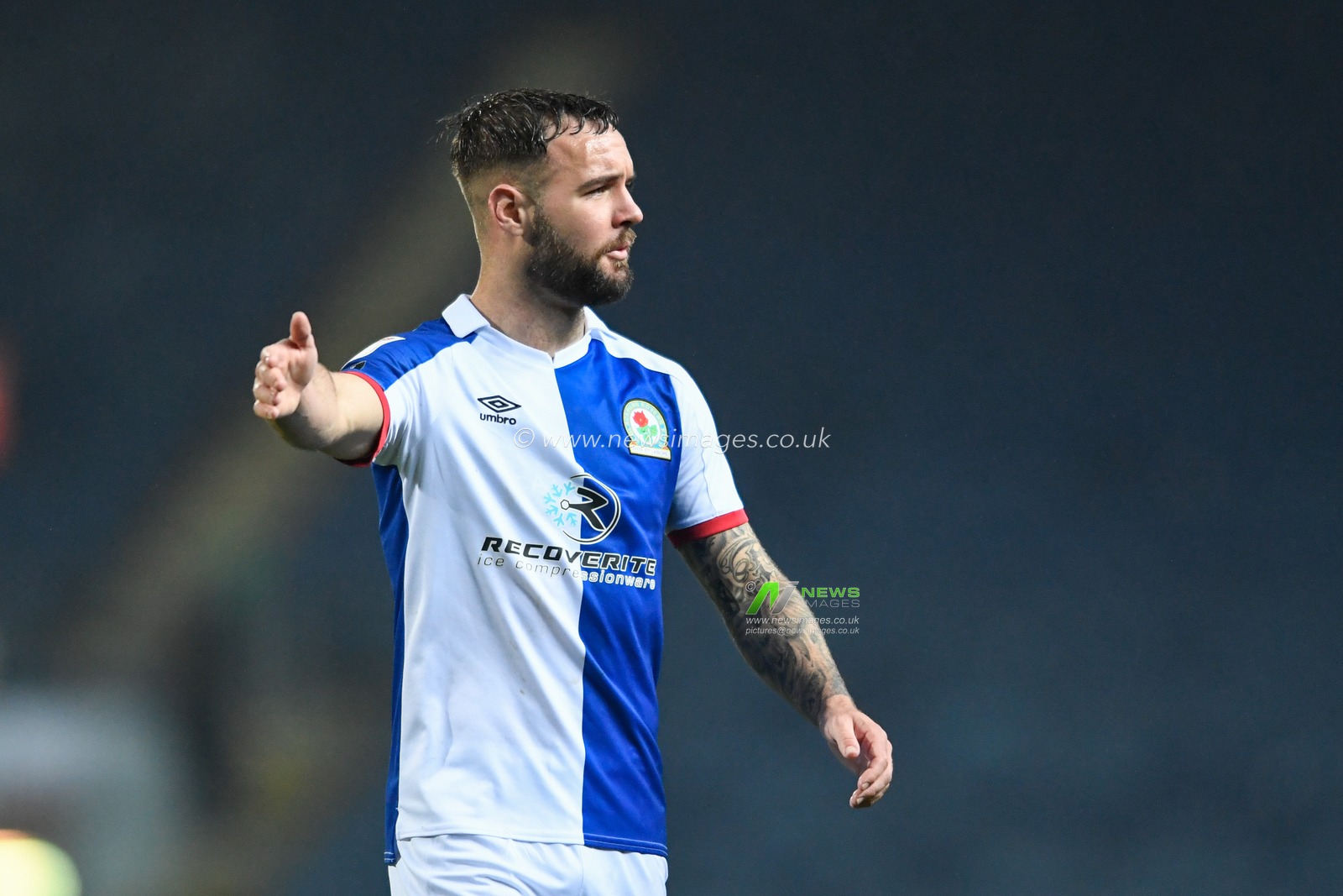 Adam Armstrong #7 of Blackburn Rovers appeals for a decision