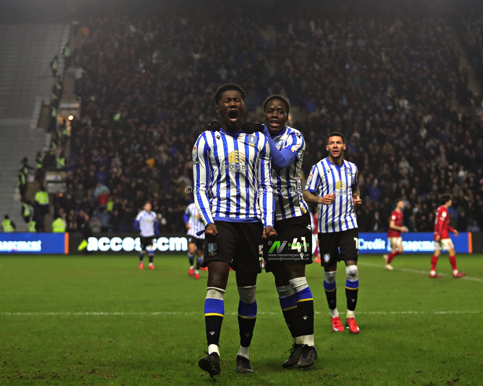 Di'Shon Bernard of Sheffield Wednesday celebrates his goal with Djeidi Gassama of Sheffield Wednesday during the Sky Bet Championship match Sheffield Wednesday vs Bristol City at Hillsborough, Sheffield, United Kingdom, 22nd January 2025

(Photo by Sam Eaden/News Images)